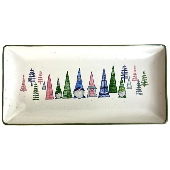 Peppermint & Pine Gnome Christmas Tree Serving Tray 12 IN Rectangle Green Pink - Picture 1 of 6